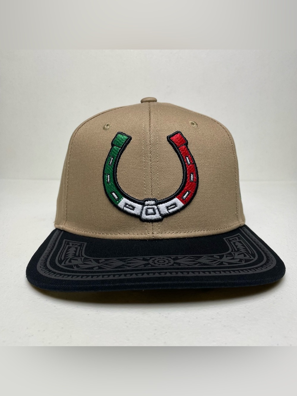 Mexico Flag Horseshoe 3D Embroidered Baseball Cap, Tan Flat Brim, Western Hat
